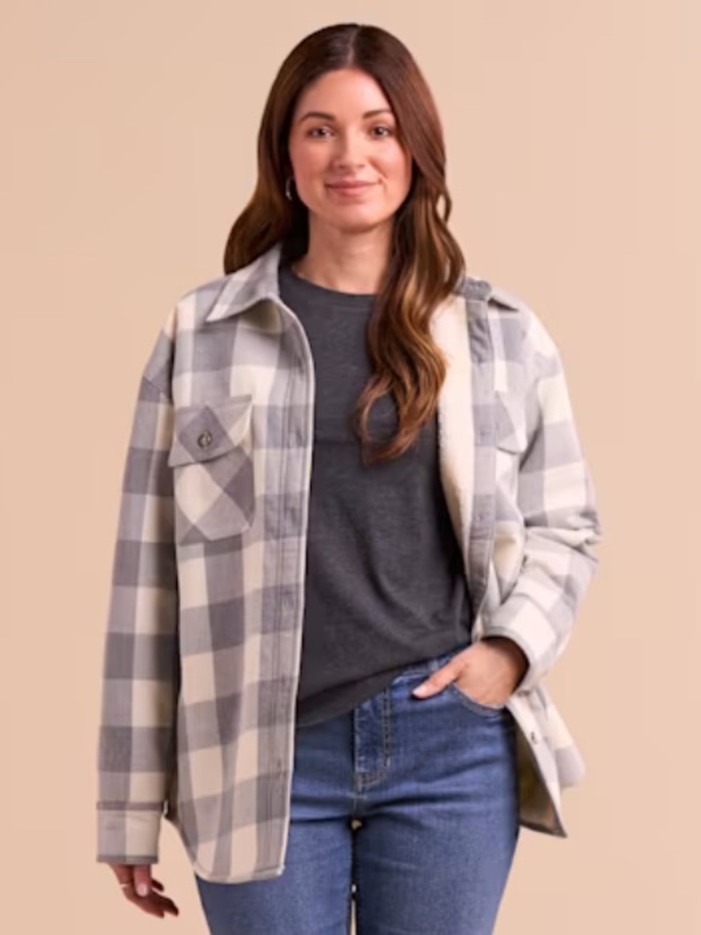 Natural Reflections Gray and Cream Plaid, Sherpa-Lined Utility Shacket, Medium